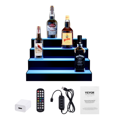 VEVOR 4 Tiers LED Lighted Liquor Bottle Display, 16 Inch Commercial Illuminated Home Bar Shelf, 4 Steps Whiskey Rack Stand, Acrylic Drink Shelves