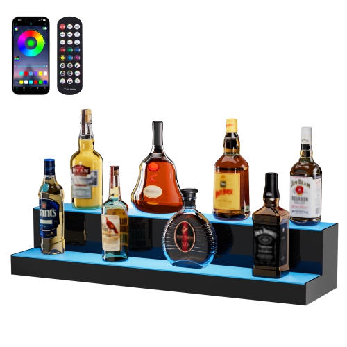 VEVOR 2 Tiers LED Lighted Liquor Bottle Display, 30 Inch Commercial Illuminated Home Bar Shelf, 2 Steps Whiskey Rack Stand, Acrylic Drink Shelves