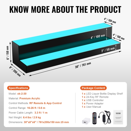 VEVOR 2 Tiers LED Lighted Liquor Bottle Display, 30 Inch Commercial Illuminated Home Bar Shelf, 2 Steps Whiskey Rack Stand, Acrylic Drink Shelves