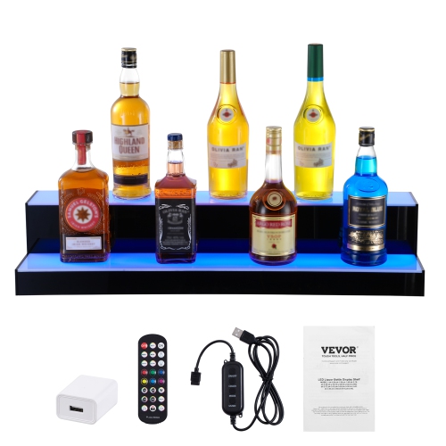VEVOR 2 Tiers LED Lighted Liquor Bottle Display, 30 Inch Commercial Illuminated Home Bar Shelf, 2 Steps Whiskey Rack Stand, Acrylic Drink Shelves