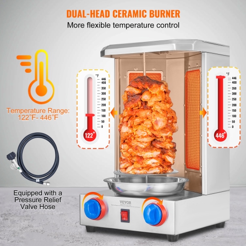 VEVOR 13 lbs Capacity Chicken Shawarma Grill Machine, with 2 Burners, Gas Vertical Broiler Gyro Rotisserie Oven Doner Kebab Machine, for Home