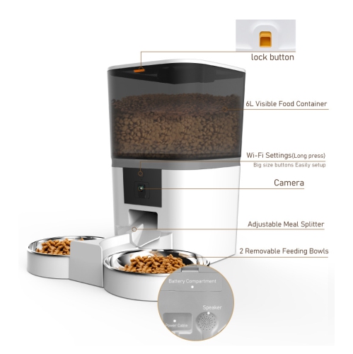Pets Feeder with Camera Dual Feeding Automatic APP Control Cat Dog Feeder-White