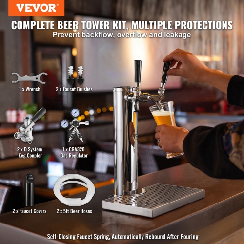 VEVOR CGA320 Kegerator Tower Kit, Dual Taps Beer Conversion Kit, Stainless Steel Keg Beer Tower Dispenser with Dual Gauge Regulator & D-System Keg
