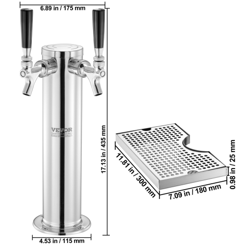 VEVOR CGA320 Kegerator Tower Kit, Dual Taps Beer Conversion Kit, Stainless Steel Keg Beer Tower Dispenser with Dual Gauge Regulator & D-System Keg