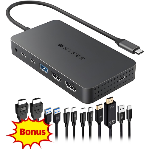 Station d'accueil USB-C double 4K EcoSmart HyperDrive, concentrateur USB-C 7-en-1 pour MacBook Pro/Air, ensemble de 6 câbles, deux ports HDMI 4K,