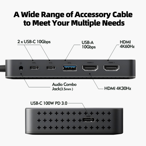 HyperDrive EcoSmart Dual 4K USB-C Dock, 7-in-1 USB-C Hub for MacBook Pro/Air, with 6 Cables Bundle, Dual 4K HDMI, 100W PD, Gigabit Ethernet