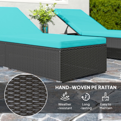 Ensemble 3 pièces chaises longues Outsunny, table d'appoint, lit d'extérieur en rotin synthétique, coussin toutes saisons, turquoise pâle