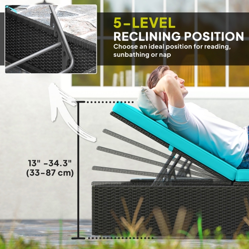 Ensemble 3 pièces chaises longues Outsunny, table d'appoint, lit d'extérieur en rotin synthétique, coussin toutes saisons, turquoise pâle