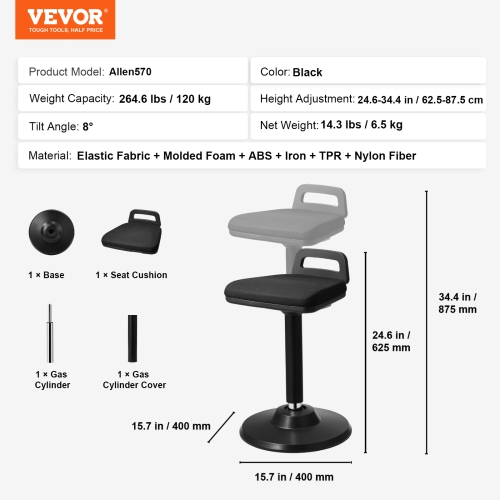 VEVOR 24.6-34.4" Active Chair with Handle, Height-Adjustable Wobble Chair Made of Elastic Fabric & 45 mm Foam, Ideal for Schools, Office and Home, 8°