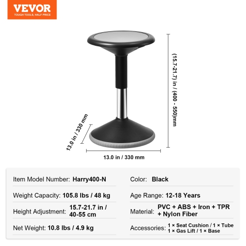 VEVOR 15.7-21.7" Wobble Chair, Height-Adjustable Active Chair, Flexible Seating Wobble Stool Made of PVC+ABS Improves Focus & Posture, Ideal for