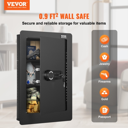 VEVOR 25.59" Tall Wall Safe, 3-Tier Hidden Wall Safe with Keypad, 3 Removable Shelves & 6 Key Holders,Q235 Cold-Rolled Steel In Wall Safe with LED