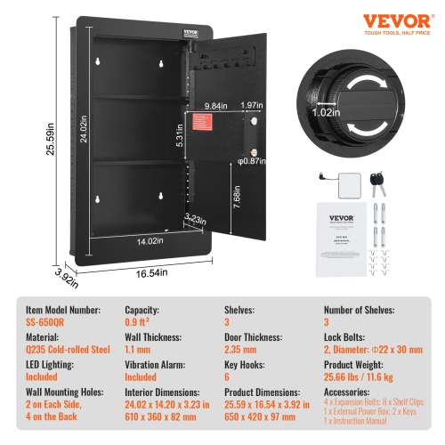VEVOR 25.59" Tall Wall Safe, 3-Tier Hidden Wall Safe with Keypad, 3 Removable Shelves & 6 Key Holders,Q235 Cold-Rolled Steel In Wall Safe with LED