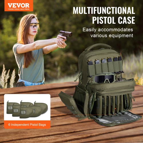 VEVOR 6 Pistols of Tactical Range Backpack, Gun Backpack with 6 Independent Pistol Bags & 10 Magazines, Pistol Backpack for Outdoor Hunting