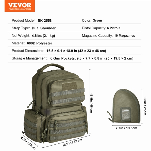VEVOR 6 Pistols of Tactical Range Backpack, Gun Backpack with 6 Independent Pistol Bags & 10 Magazines, Pistol Backpack for Outdoor Hunting