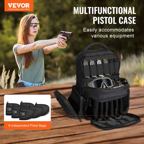 VEVOR 6 Pistols of Tactical Range Backpack, Gun Backpack with 6 Independent Pistol Bags & 10 Magazines, Pistol Backpack for Outdoor Hunting Shooting,