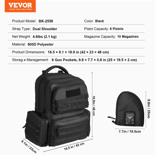 VEVOR 6 Pistols of Tactical Range Backpack, Gun Backpack with 6 Independent Pistol Bags & 10 Magazines, Pistol Backpack for Outdoor Hunting Shooting,