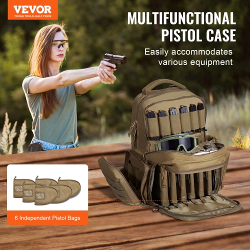 VEVOR 6 Pistols of Tactical Range Backpack for , Gun Backpack with 6 Independent Pistol Bags & 10 Magazines, Pistol Backpack for Outdoor Hunting
