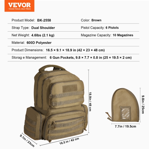 VEVOR 6 Pistols of Tactical Range Backpack for , Gun Backpack with 6 Independent Pistol Bags & 10 Magazines, Pistol Backpack for Outdoor Hunting