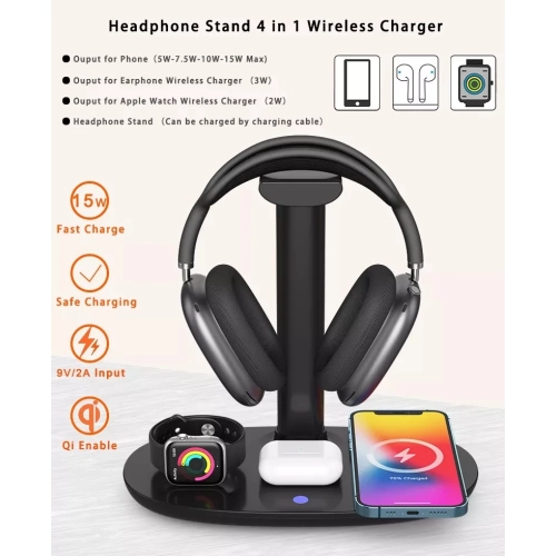 Headphone Stand with 4 in 1 Wireless Charger -Headset Holder & Station Dock for Apple Watch, AirPods Max/Pro/2/ iPhone 13/12/11