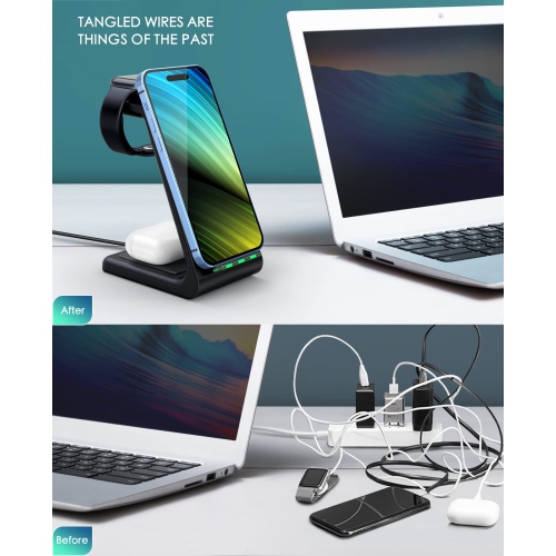 Wireless Charging Station, 3 in 1 Fast Desk Charging Station, Wireless Charger Stand for iPhone 15/14/13 /8/8 Plus, AirPods 3/2/pro, iWatch Series