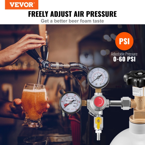 VEVOR 0-60PSI Double Gauge Regulator,CO2 Regulator Gauge,CO2 Gauge Gas System, Draft Beer Regulator with Check Valve, Adjustable Pressure Regulator