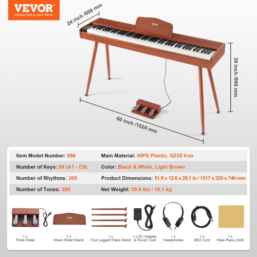 VEVOR 88 Key Weighted Digital Piano, Electric Piano Dual Keyboard & Speakers Four Legged Piano Stand with Headphone 200 Tones & Rhythms, Support