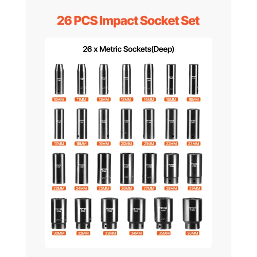 VEVOR 1/2" Impact Socket Set, 26 Piece Impact Sockets, Deep Socket, 6-Point Sockets, 1/2 Inches Drive Socket Set Impact Metric 10mm - 36mm, Cr-V