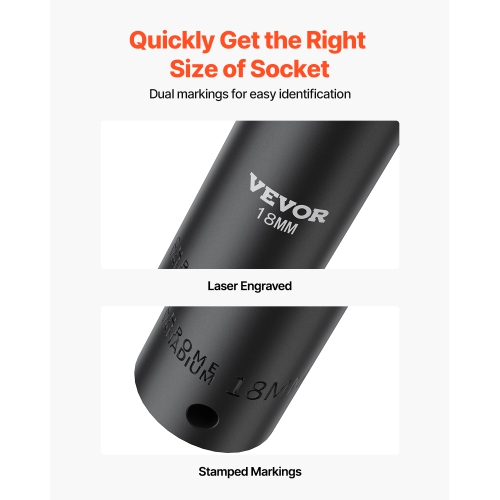 VEVOR 1/2" Impact Socket Set, 26 Piece Impact Sockets, Deep Socket, 6-Point Sockets, 1/2 Inches Drive Socket Set Impact Metric 10mm - 36mm, Cr-V