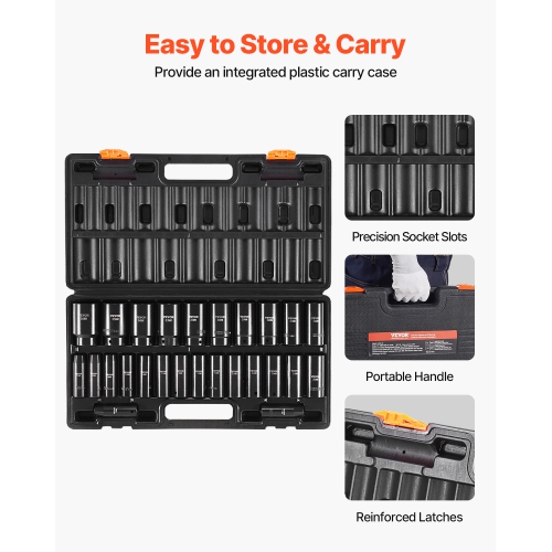 VEVOR 1/2" Impact Socket Set, 26 Piece Impact Sockets, Deep Socket, 6-Point Sockets, 1/2 Inches Drive Socket Set Impact Metric 10mm - 36mm, Cr-V