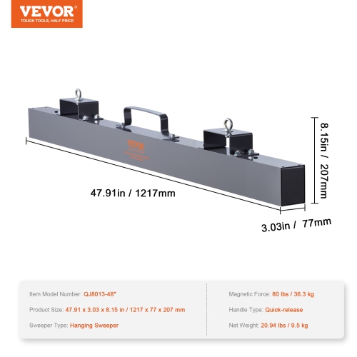 VEVOR 48 inch Hanging Magnetic Sweeper, Magnet Sweeper, 80 LBS Magnetic Forklift Sweeper Industrial Magnets Steel Material Hunting Accessories for
