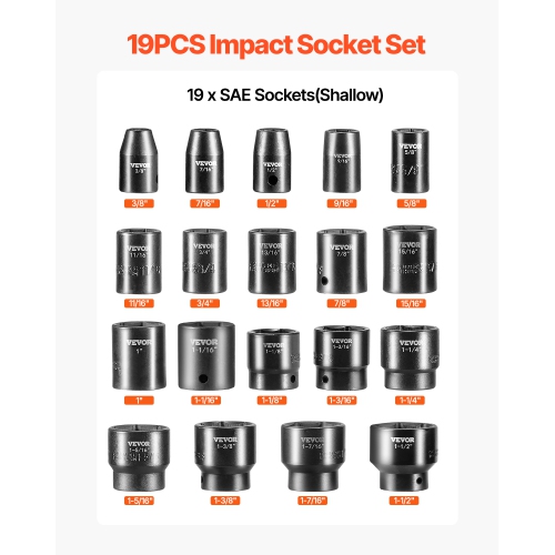 VEVOR 1/2 Inches Impact Socket Set 19 Piece Impact Sockets, Standard Socket , 1/2 Inches Drive Socket Set Impact Standard SAE 6-point Hex Sockets