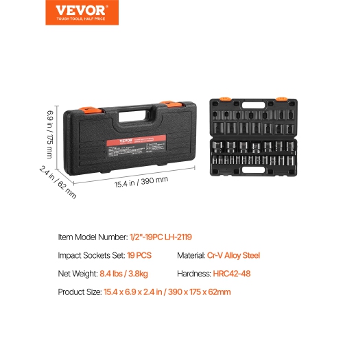 VEVOR 1/2 Inches Impact Socket Set 19 Piece Impact Sockets, Standard Socket , 1/2 Inches Drive Socket Set Impact Standard SAE 6-point Hex Sockets