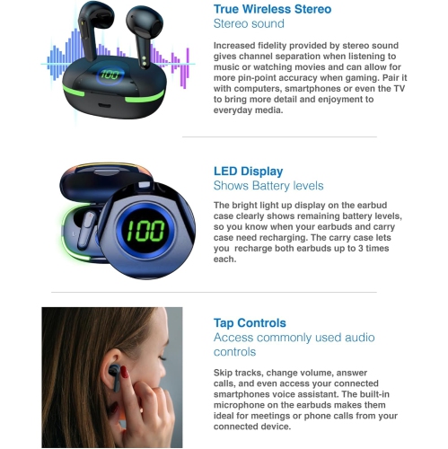 Laser TWS Earbuds with LED Battery Display: True Wireless Stereo, Tap Controls, Ergonomic Design, Rechargeable Case