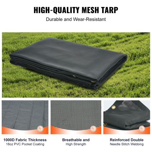 VEVOR 8 x 18 ft Dump Truck Mesh Tarp, PVC Coated Black Cover with 5.5" 18oz Double Pocket, Brass Grommets, Double Needle Stitch Webbing Fits Manual