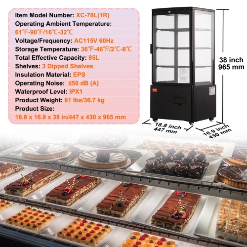 VEVOR 3 Cu.Ft./85L Countertop Pastry Display Case, 3-Tier Commercial Display Refrigerator with LED Lighting, TURBO Cooling, Frost-Free Air-Cooling,