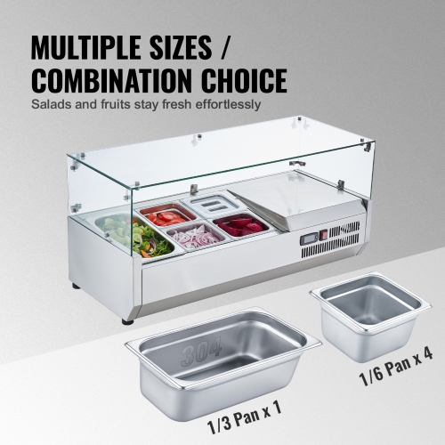 VEVOR 130 W Countertop Refrigerated Condiment Station, with 1 1/3 Pan & 4 1/6 Pans, 304 Stainless Body and PC Lid, Sandwich Prep Table with Glass