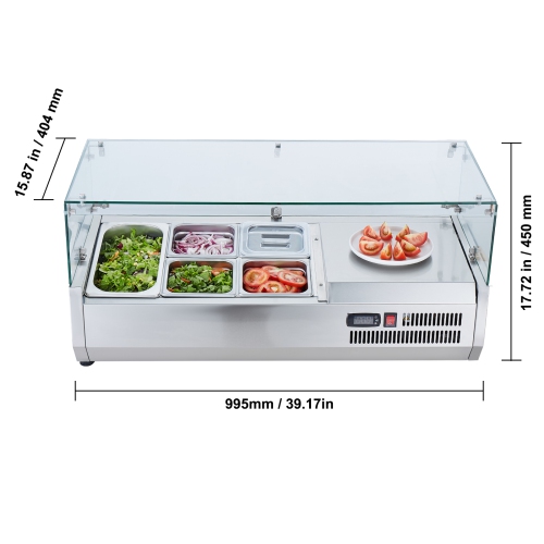 VEVOR 130 W Countertop Refrigerated Condiment Station, with 1 1/3 Pan & 4 1/6 Pans, 304 Stainless Body and PC Lid, Sandwich Prep Table with Glass
