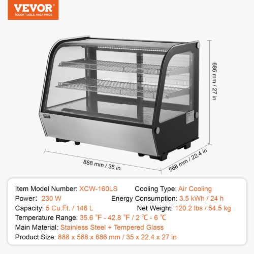 VEVOR 5 Cu.Ft./146L Countertop Pastry Display Case, 2-Tier Commercial Display Refrigerator with LED Lighting, TURBO Cooling, Frost-Free Air-Cooling,