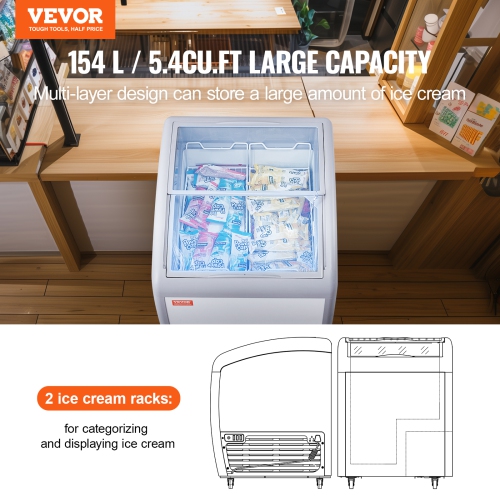 VEVOR 5.4 Cu.ft Commercial Ice Cream Display Case,Mobile Glass Top Deep Freezer,Restaurant Gelato Dipping Cabinet with 2 Wire Baskets,2 Sliding Glass