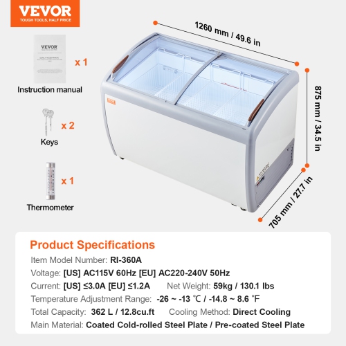 VEVOR 12.8 Cu.ft Commercial Ice Cream Display Case, Mobile Glass Freezer, Restaurant Gelato Dipping Cabinet with 4 Wire Baskets, 2 Sliding Glass