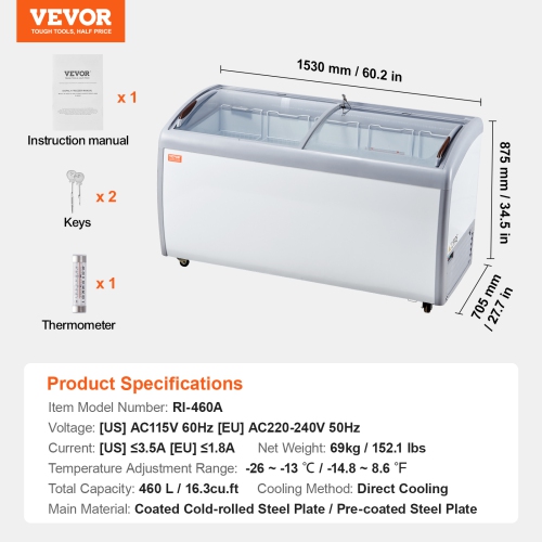 VEVOR 16.3 Cu.ft Commercial Ice Cream Display Case, Mobile Glass Freezer, Restaurant Gelato Dipping Cabinet with 5 Wire Baskets, 2 Sliding Glass