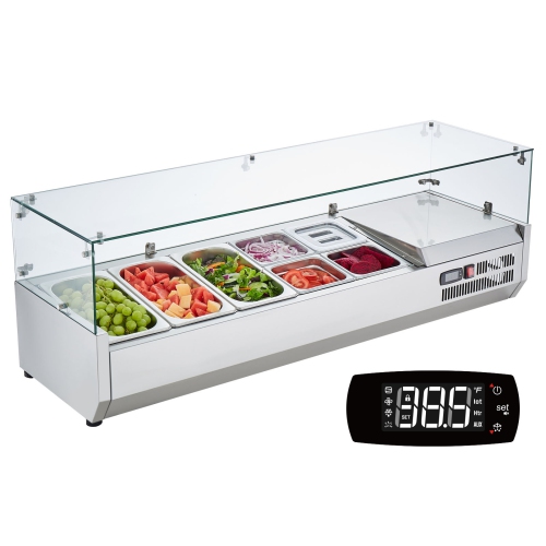 VEVOR  140 W Countertop Refrigerated Condiment Station, w 3 1/3 Pans & 4 1/6 Pans, 304 Stainless Body And PC Lid, Sandwich Prep Table w Glass