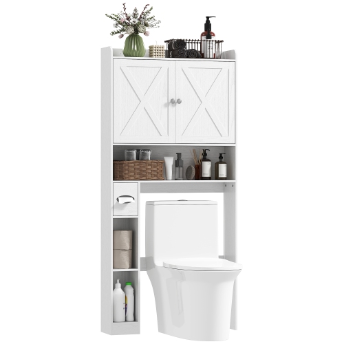 HOMCOM  Over The Toilet Storage Cabinet, Farmhouse Above Toilet Bathroom Organizer w Barn Doors, Toilet Paper Holder, Adjustable Shelf, Freestanding