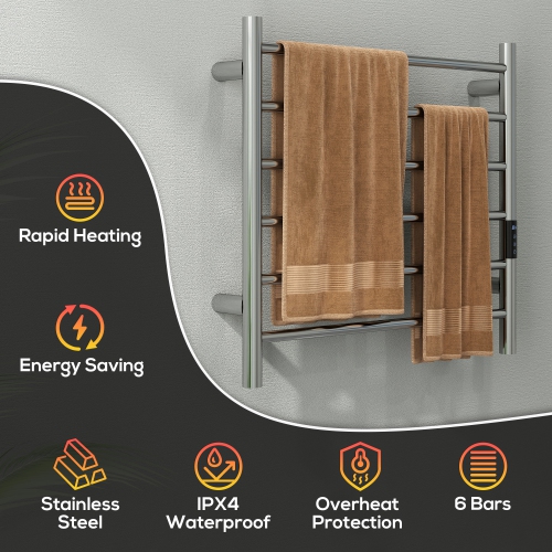 HOMCOM Towel Warmer, Stainless Steel Smart WiFi Heated Towel Rack for Bathroom, Wall Mounted with 6 Bars, Timer and Adjustable Temperature, Plug-in,