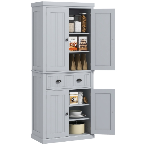 HOMCOM  Freestanding Kitchen Pantry Cabinet, Tall Buffet Storage Cabinet With 4 Doors, Drawer And Adjustable Shelves In Grey