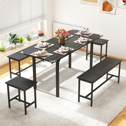 HOMCOM 5-Piece Dining Table Set for 4 - 6, 63" Extendable Kitchen Table Set with 2 Benches and 2 Stools for Small Spaces, Dining Room, Space-Saving,