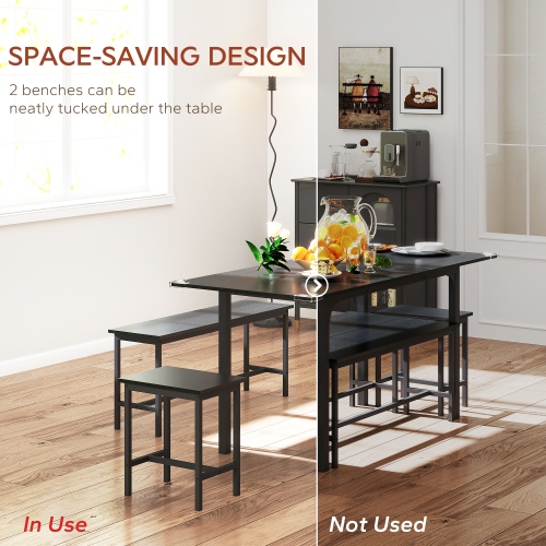 HOMCOM 5-Piece Dining Table Set for 4 - 6, 63" Extendable Kitchen Table Set with 2 Benches and 2 Stools for Small Spaces, Dining Room, Space-Saving,