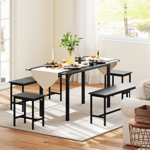 HOMCOM 5-Piece Dining Table Set for 4 - 6, 63" Extendable Kitchen Table Set with 2 Benches and 2 Stools for Small Spaces, Dining Room, Space-Saving,