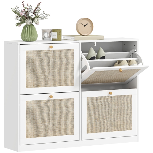 HOMCOM Boho Rattan Shoe Cabinet with 4 Flip Drawers and Adjustable Shelves, Narrow Shoe Storage Cabinet, Holds 20 Pairs for Entryway, Hallway, White