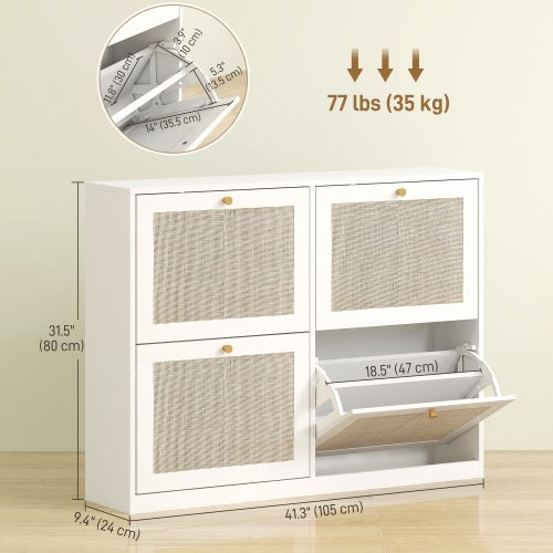 HOMCOM Boho Rattan Shoe Cabinet with 4 Flip Drawers and Adjustable Shelves, Narrow Shoe Storage Cabinet, Holds 20 Pairs for Entryway, Hallway, White